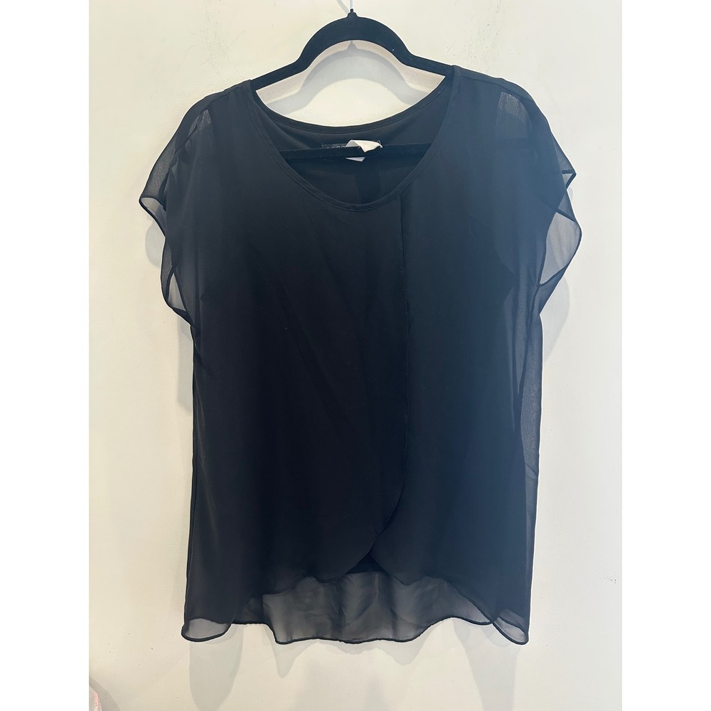 Coco Bianco Black Sheer Overlay Flutter Sleeve Tulip Front Blouse Top